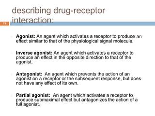 describing drug-receptor
interaction:
19
Agonist: An agent which activates a receptor to produce
effect similar to that of the physiological signal molecule.
an
Inverse agonist: An agent which activates a receptor to
produce an effect in the opposite direction to that of the
agonist.
Antagonist: An agent which prevents the action of an
agonist on a receptor or the subsequent response, but does
not have any effect of its own.
Partial agonist: An agent which activates a receptor to
produce submaximal effect but antagonizes the action of a
full agonist.
 
