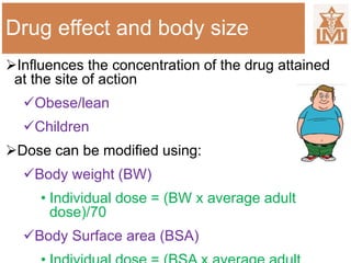Drug effect and body size
Influences the concentration of the drug attained
at the site of action
Obese/lean
Children
Dose can be modified using:
Body weight (BW)
• Individual dose = (BW x average adult
dose)/70
Body Surface area (BSA)
 
