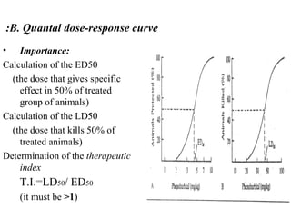 :B. Quantal dose-response curve
•   Importance:
Calculation of the ED50
  (the dose that gives specific
    effect in 50% of treated
    group of animals)
Calculation of the LD50
  (the dose that kills 50% of
    treated animals)
Determination of the therapeutic
    index
    T.I.=LD50/ ED50
    (it must be >1)
 