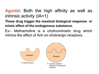 Agonist: Both the high affinity as well as
intrinsic activity (IA=1)
These drug trigger the maximal biological response or
mimic effect of the endogenous substance.
Ex:- Methacholine is a cholinomimetic drug which
mimics the effect of Ach on cholinergic receptors.
 