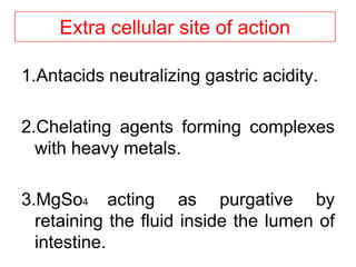 Extra cellular site of action
1.Antacids neutralizing gastric acidity.
2.Chelating agents forming complexes
with heavy metals.
3.MgSo4 acting as purgative by
retaining the fluid inside the lumen of
intestine.
 