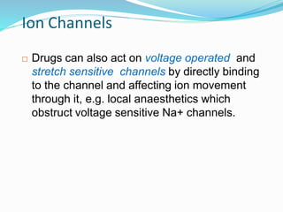 Ion Channels
 Drugs can also act on voltage operated and
stretch sensitive channels by directly binding
to the channel and affecting ion movement
through it, e.g. local anaesthetics which
obstruct voltage sensitive Na+ channels.
14
 