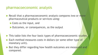 pharmacoeconomic analysis
 Recall that a pharmacoeconomic analysis compares two or more
pharmaceutical products or services using:
 Costs as the input, and
 Outcomes, or consequences, as the output
 This table lists the four basic types of pharmacoeconomic studies.
 Each method measures costs in dollars (or some other type of
monetary unit).
 But they differ regarding how health outcomes are measured and
compared.
 