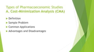 Types of Pharmacoeconomic Studies
A. Cost-Minimization Analysis (CMA)
 Definition
 Sample Problem
 Common Applications
 Advantages and Disadvantages
 