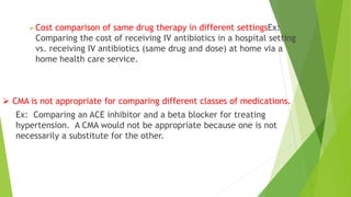 Cost comparison of same drug therapy in different settingsEx:
Comparing the cost of receiving IV antibiotics in a hospital setting
vs. receiving IV antibiotics (same drug and dose) at home via a
home health care service.
 CMA is not appropriate for comparing different classes of medications.
Ex: Comparing an ACE inhibitor and a beta blocker for treating
hypertension. A CMA would not be appropriate because one is not
necessarily a substitute for the other.
 