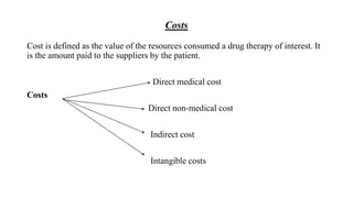 Costs
Cost is defined as the value of the resources consumed a drug therapy of interest. It
is the amount paid to the suppliers by the patient.
Direct medical cost
Costs
Direct non-medical cost
Indirect cost
Intangible costs
 
