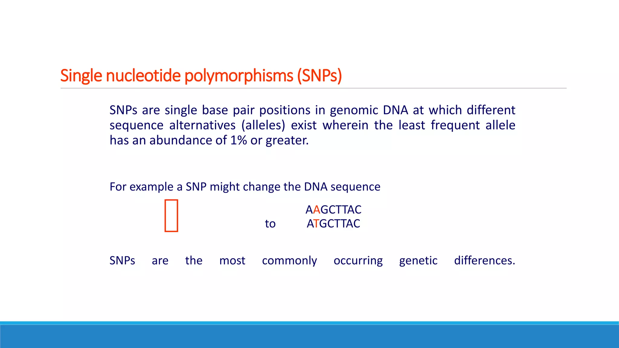 Single nucleotide polymorphisms (SNPs)
SNPs are single base pair positions in genomic DNA at which different
sequence alternatives (alleles) exist wherein the least frequent allele
has an abundance of 1% or greater.
For example a SNP might change the DNA sequence
AAGCTTAC
to ATGCTTAC
SNPs are the most commonly occurring genetic differences.
 