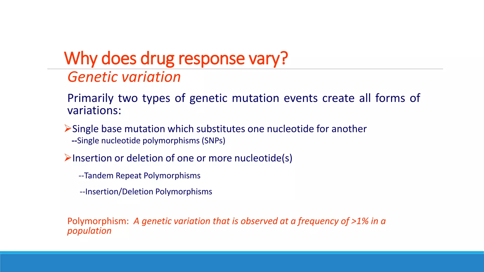 Why does drug response vary?
Genetic variation
Primarily two types of genetic mutation events create all forms of
variations:
Single base mutation which substitutes one nucleotide for another
--Single nucleotide polymorphisms (SNPs)
Insertion or deletion of one or more nucleotide(s)
--Tandem Repeat Polymorphisms
--Insertion/Deletion Polymorphisms
Polymorphism: A genetic variation that is observed at a frequency of >1% in a
population
 