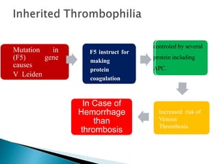 Mutation in
(F5) gene
causes
V Leiden
F5 instruct for
making
protein
coagulation
controled by several
protein including
APC.
Increased risk of
Venous
Thrombosis
In Case of
Hemorrhage
than
thrombosis
 