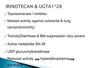 Topoisomerase I inhibitor.
 Marked activity against colorectal & lung
cancers(minority)
 Toxicity(Diarrhoea & BM suppression very severe
 Active metabolite SN-38
Gilberts
 UDP glucuronyltransferase
 Reduced activity Hyberbilirubinemia
syndrome
 