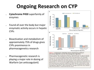 Ongoing Research on CYP Cytochrome P450  superfamily of enzymes Found all over the body but major enzymatic activity occurs in hepatic CYPs Bioactivation and metabolism of approximately 75% of drugs gives CYPs prominence in pharmacogenetics research Pharmacogenetic research is playing a major role in dosing of Warfarin (an anticoagulant) 