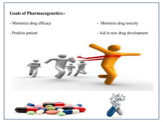 Goals of Pharmacogenetics:-
- Maximize drug efficacy - Minimize drug toxicity
- Predicts patient - Aid in new drug development
 