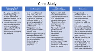 Case Study
Background and
Introduction:
• The aging population is
increasingly using
multiple medications,
leading to a higher risk of
drug-related issues.
• Pharmacogenomics (PGx)
is discussed as a tool to
optimize medication
regimens by identifying
genomic variants
affecting drug disposition
and response.
Case Description:
• A 59-year-old patient
with MDD, GAD, and
chronic pain experienced
a fall due to excessive
sedation caused by a
prescribing cascade of
fluoxetine, bupropion,
and doxepin.
• The patient was also
taking hydrocodone for
chronic pain.
• Pharmacogenomics (PGx)
testing was eventually
performed to understand
the genetic factors
influencing drug
metabolism and
response.
Pharmacist
Recommendations:
• A pharmacist-led fall
consult recommended
tapering off doxepin due
to its high sedative
burden and suggested
PGx testing to inform
antidepressant and
opioid therapy.
• PGx results revealed
genetic variants
influencing drug
metabolism.
• Pharmacist
recommendations
included adjusting
antidepressant therapy
and considering
alternative opioids based
on the PGx results.
Discussion:
• Drug-induced
phenoconversion is
common in older adults
with polypharmacy,
especially in the
treatment of MDD and
pain.
• PGx-guided prescribing
for antidepressants and
opioids is discussed as a
way to improve response
rates and reduce adverse
drug reactions.
• The case highlights the
importance of
considering drug–gene
interactions (DGIs) and
drug–drug–gene
interactions (DDGIs) in
medication management.
 
