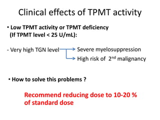 Clinical effects of TPMT activity
• Low TPMT activity or TPMT deficiency
(If TPMT level < 25 U/mL):
- Very high TGN level Severe myelosuppression
High risk of 2nd malignancy
• How to solve this problems ?
Recommend reducing dose to 10-20 %
of standard dose
 