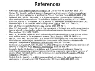 References
• Katzung BG. Basic and clinical pharmacology 9th ed. McGraw-Hill, Inc. 2004: 827, 1292-1293.
• Nielsen OH., Vainer B., and Rask-Madsen J. Review article: the treatment of inflammatory bowel
disease with 6-mercaptopurine or azathioprine. Aliment Pharmacol Thera. 2001; 15: 1699-1708.
• Bokkerink JPM., Stet EH., dAbreu RA., et al. 6-mercaptopurine: cytotoxicity and biochemical
pharmacology in human malignant T-lymphoblasts. Biochemical Pharmacology; 45: 1455-1463.
• Swann PF., Waters TR., Moulton DC., Xu Y-Z., Edward M., and Mace R. Role of postreplication DNA
mismatch repair in the cytotoxic action of thioguanine. Science. 1996; 273: 1109-1111.
• Elion GB. The purine path to chemotherapy. Science. 1989; 244: 41-47.
• Chan GLC., Erdman GR., Gruber SA., et al. Pharmacokinetic of 6-thiouric acid and 6-mercaptopurine
in renal allograft recipients after oral administration of azathioprine. European Journal of Clinical
Pharmacology. 1989; 36(3): 265-271.
• Presta M., Rusnati M., Belleri M., et al. Purine analogue 6-methylmercaptopurine riboside inhibits
early and late phases of the angiogenesis process. Cancer Research. 1999; 59: 2417-2424.
• Stet EH., Abreu RAD., Bokkerink JPM., et al. Reversal of 6-mercaptopurine and 6-mercaptopurine
ribonucleoside cytotoxicity by amidoimidazole carboxamide ribonucleoside in Molt4 human
malignant T-lymphoblasts. Biochemistry Pharmacology. 1993; 45:1455-1463.
• Coulthard SA., Hograth LA., Little M., et al. The effect of thiopurine methyltransferase expression on
sensivity to thiopurine drugs. Molecular Pharmacology. 2002; 62: 102-109.
• Gearry R., Barclay M., Gardiner S., and Zhang M. 6-Thioguanine nucleotides and thiopurine
methyltransferase activity: important factors determining response to treatment and incidence of
adverse effects from azathioprine and 6-mercaptopurine. Journal of the New Zealand Medical
Association. 2003;116(1178).
• Tiede I., Fritz G., Strand S., et al. CD28-dependent Rac1 activation is the molecular target of
azathioprine in primary human CD4+ T-lymphocyte. J Clin Invest. 2003; 111: 1135-1145.
 