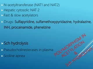  N-acetyltransferase (NAT1 and NAT2)
 Hepatic cytosolic NAT 2
 Fast & slow acetylators
 Drugs: Sulfapyridine, sulfamethoxypyridazine, hydralazine,
INH, procainamide, phenelzine
Sch hydrolysis
 Pseudocholinesterases in plasma
 Scoline apnea
 
