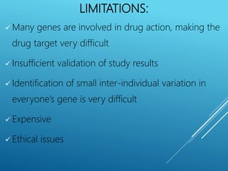LIMITATIONS:
 Many genes are involved in drug action, making the
drug target very difficult
 Insufficient validation of study results
 Identification of small inter-individual variation in
everyone’s gene is very difficult
 Expensive
 Ethical issues
 