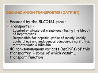 ORGANIC ANION TRANSPORTER (OATP1B1)
 Encoded by the SLCO1B1 gene –
 Transporter –
◦ Located on sinusoidal membrane (facing the blood)
of hepatocytes
◦ Responsible for hepatic uptake of mainly weakly
acidic drugs and endogenous compounds eg statins,
methotrexate & bilirubin
 40 non-synonymous variants (nsSNPs) of this
transporter - some of which result ↓
transport function
 