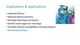Implications & Applications
• Improved efficacy
• Reduced adverse reactions
• Genotype phenotype correlation
• Identify novel targets for new drugs
• To predict disease susceptibility and drug response
• Personalized therapy
 