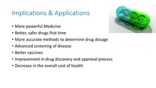 Implications & Applications
• More powerful Medicine
• Better, safer drugs first time
• More accurate methods to determine drug dosage
• Advanced screening of disease
• Better vaccines
• Improvement in drug discovery and approval process
• Decrease in the overall cost of health
 