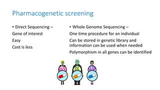 Pharmacogenetic screening
• Direct Sequencing –
Gene of interest
Easy
Cost is less
• Whole Genome Sequencing –
One time procedure for an individual
Can be stored in genetic library and
information can be used when needed
Polymorphism in all genes can be identified
 