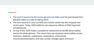 ● The cost of sequencing the human genome has fallen over the past decade from
$20-$25 million to under $1,000 by 2016.
● The time required to carry out NGS and receive results has also dropped over
recent years. Today, NGS platforms can sequence millions of DNA fragments
simultaneously
● On top of this, NGS makes it possible for researchers to identify abnormalities
across the whole genome. This means they can sequence abnormalities across
insertions, deletions, substitutions, duplications, chromosome
inversions/translocations, and copy number changes (gene and exon)
 