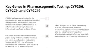 Key Genes in Pharmacogenetic Testing: CYP2D6,
CYP2C9, and CYP2C19
1
CYP2D6 is a key enzyme involved in the
metabolism of a wide range of drugs, including
antidepressants, antipsychotics, and pain
relievers. Variations in CYP2D6 can lead to
either rapid or slow drug metabolism,
influencing drug efficacy and side effects.
2 CYP2C9 plays a crucial role in metabolizing
warfarin, a blood thinner, and other
medications. Genetic variations in CYP2C9 can
alter the rate of warfarin breakdown,
affecting its therapeutic effect and potentially
increasing the risk of bleeding complications.
3
CYP2C19 is involved in the metabolism of
proton pump inhibitors, used for heartburn
and ulcers, as well as other medications.
Variations in CYP2C19 can affect drug
metabolism and may impact drug efficacy or
increase the risk of adverse reactions.
 