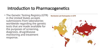 Introduction to Pharmacogenetics
• The Genetic Testing Registry (GTR)
in the United States accepts
submissions from laboratories
worldwide regarding the genetic
tests that are made available for
the purposes of screening,
diagnosis, drug/disease
monitoring and treatment
response.
 