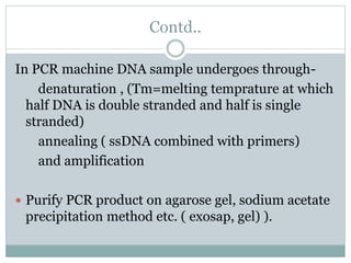 Contd..
In PCR machine DNA sample undergoes through-
denaturation , (Tm=melting temprature at which
half DNA is double stranded and half is single
stranded)
annealing ( ssDNA combined with primers)
and amplification
 Purify PCR product on agarose gel, sodium acetate
precipitation method etc. ( exosap, gel) ).
 