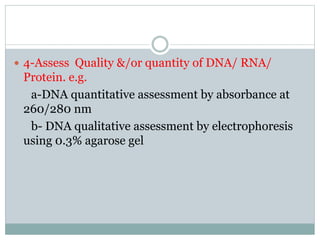  4-Assess Quality &/or quantity of DNA/ RNA/
Protein. e.g.
a-DNA quantitative assessment by absorbance at
260/280 nm
b- DNA qualitative assessment by electrophoresis
using 0.3% agarose gel
 
