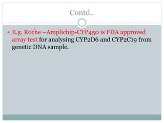 Contd..
 E.g. Roche –Amplichip-CYP450 is FDA approved
array test for analysing CYP2D6 and CYP2C19 from
genetic DNA sample.
 