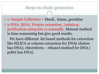 Steps to study genomics
 1- Sample Collection – blood , tissue, germline
 2-DNA /RNA/ Protein extraction , isolation,
purification using kits or manually. Manual method
is time consuming but give good results.
We have different kit based methods for extraction
like SILICA or column extraction for DNA( elution
has DNA), chloroform – ethanol method for DNA (
pellet has DNA).
 