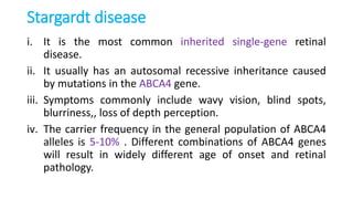 Stargardt disease
i. It is the most common inherited single-gene retinal
disease.
ii. It usually has an autosomal recessive inheritance caused
by mutations in the ABCA4 gene.
iii. Symptoms commonly include wavy vision, blind spots,
blurriness,, loss of depth perception.
iv. The carrier frequency in the general population of ABCA4
alleles is 5-10% . Different combinations of ABCA4 genes
will result in widely different age of onset and retinal
pathology.
 