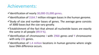Achievements:
Identification of nearly 30,000-35,000 genes.
Identification of 3164.7 million nitrogen bases in the human genome.
Study of size and number bases of genes. The average gene consists
of 3000 bases but the size vary greatly.
Establishment of the fact that almost all nucleotide bases are exactly
the same in all people (99.9 %).
Identification of chromosome I with 2968 genes and Y chromosome
with only 231 genes.
Identification of 1.4 million locations in human genome where single
base DNA difference occurs.
 