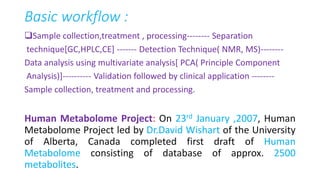 Basic workflow :
Sample collection,treatment , processing-------- Separation
technique[GC,HPLC,CE] ------- Detection Technique( NMR, MS)--------
Data analysis using multivariate analysis[ PCA( Principle Component
Analysis)]---------- Validation followed by clinical application --------
Sample collection, treatment and processing.
Human Metabolome Project: On 23rd January ,2007, Human
Metabolome Project led by Dr.David Wishart of the University
of Alberta, Canada completed first draft of Human
Metabolome consisting of database of approx. 2500
metabolites.
 