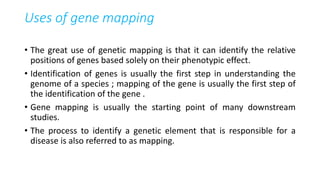 Uses of gene mapping
• The great use of genetic mapping is that it can identify the relative
positions of genes based solely on their phenotypic effect.
• Identification of genes is usually the first step in understanding the
genome of a species ; mapping of the gene is usually the first step of
the identification of the gene .
• Gene mapping is usually the starting point of many downstream
studies.
• The process to identify a genetic element that is responsible for a
disease is also referred to as mapping.
 