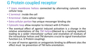 G Protein coupled receptor
• 7 trans membrane helices connected by alternating cytosolic extra
cellular loop.
• C terminal : Inside the cell
• N terminal : Extra cellular region
• Extra cellular portion has unique messenger binding site
• Cytosolic loop allow receptor to interact with G Protein
• The eventual effect of agonist induced activation is a change in the
relative orientations of the TM helices(likened to a twisting motion)
leading to a wider intercellular surface and revelation of residues of
the intracellular helices and TM domains crucial to signal transduction
function (i.e. G Protein coupling).
• In case of inverse agonists or antagonists binding to different sites the
effect must be prevention of TM helix orientation.
 