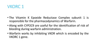 VKORC 1
• The Vitamin K Epoxide Reductase Complex subunit 1 is
responsible for the pharmacodynamics of Warfarin.
• Along with CYP2C9 are useful for the identification of risk of
bleeding during warfarin administration.
• Warfarin works by inhibiting VKOR which is encoded by the
VKORC 1 gene.
 