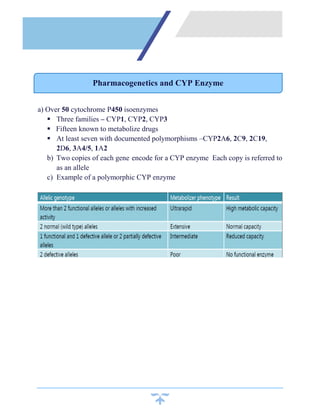 a) Over 50 cytochrome P450 isoenzymes
 Three families – CYP1, CYP2, CYP3
 Fifteen known to metabolize drugs
 At least seven with documented polymorphisms –CYP2A6, 2C9, 2C19,
2D6, 3A4/5, 1A2
b) Two copies of each gene encode for a CYP enzyme Each copy is referred to
as an allele
c) Example of a polymorphic CYP enzyme
Pharmacogenetics and CYP Enzyme
 