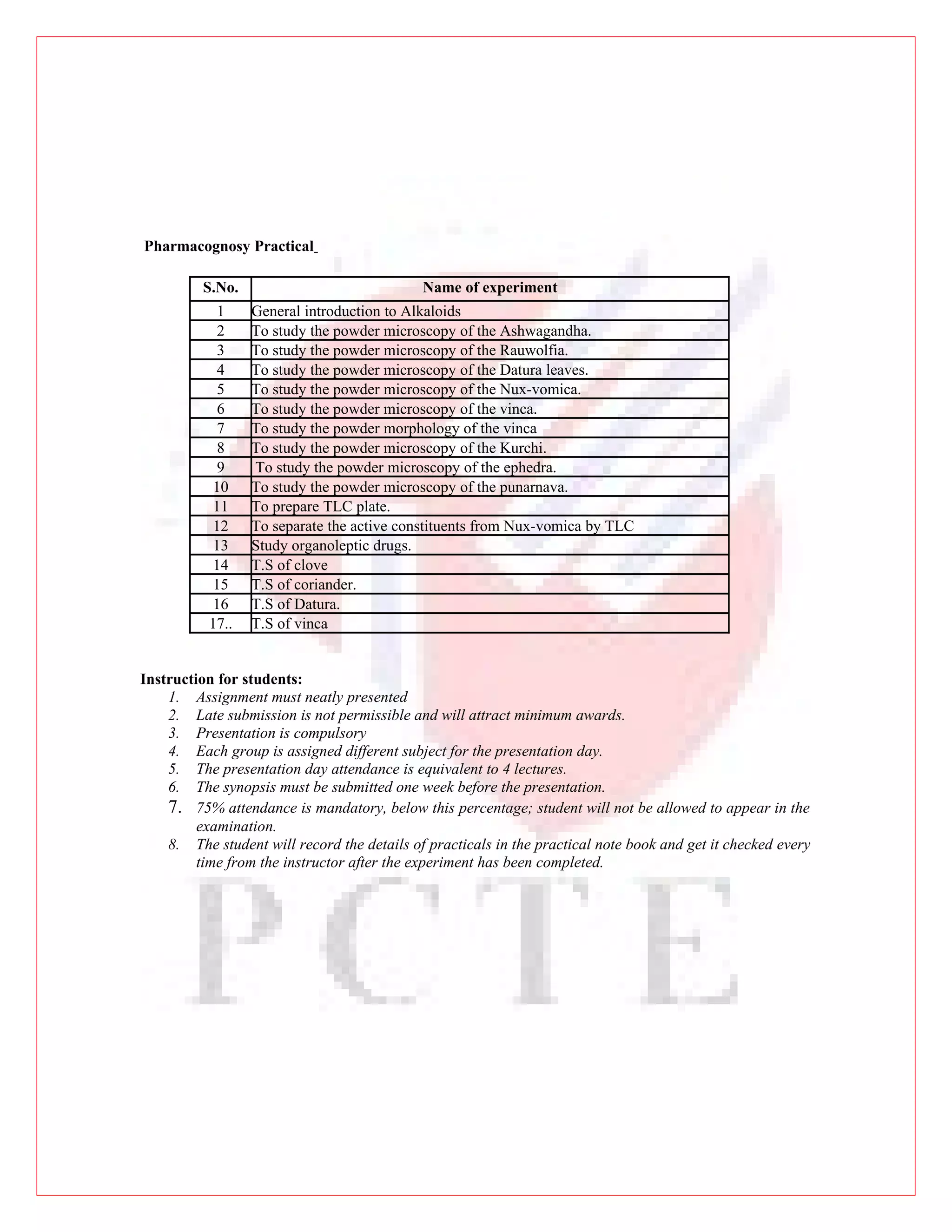 Pharmacognosy Practical

          S.No.                              Name of experiment
             1    General introduction to Alkaloids
             2    To study the powder microscopy of the Ashwagandha.
             3    To study the powder microscopy of the Rauwolfia.
             4    To study the powder microscopy of the Datura leaves.
             5    To study the powder microscopy of the Nux-vomica.
             6    To study the powder microscopy of the vinca.
             7    To study the powder morphology of the vinca
             8    To study the powder microscopy of the Kurchi.
             9    To study the powder microscopy of the ephedra.
            10    To study the powder microscopy of the punarnava.
            11    To prepare TLC plate.
            12    To separate the active constituents from Nux-vomica by TLC
            13    Study organoleptic drugs.
            14    T.S of clove
            15    T.S of coriander.
            16    T.S of Datura.
           17..   T.S of vinca


Instruction for students:
    1. Assignment must neatly presented
    2. Late submission is not permissible and will attract minimum awards.
    3. Presentation is compulsory
    4. Each group is assigned different subject for the presentation day.
    5. The presentation day attendance is equivalent to 4 lectures.
    6. The synopsis must be submitted one week before the presentation.
    7. 75% attendance is mandatory, below this percentage; student will not be allowed to appear in the
         examination.
    8. The student will record the details of practicals in the practical note book and get it checked every
         time from the instructor after the experiment has been completed.
 