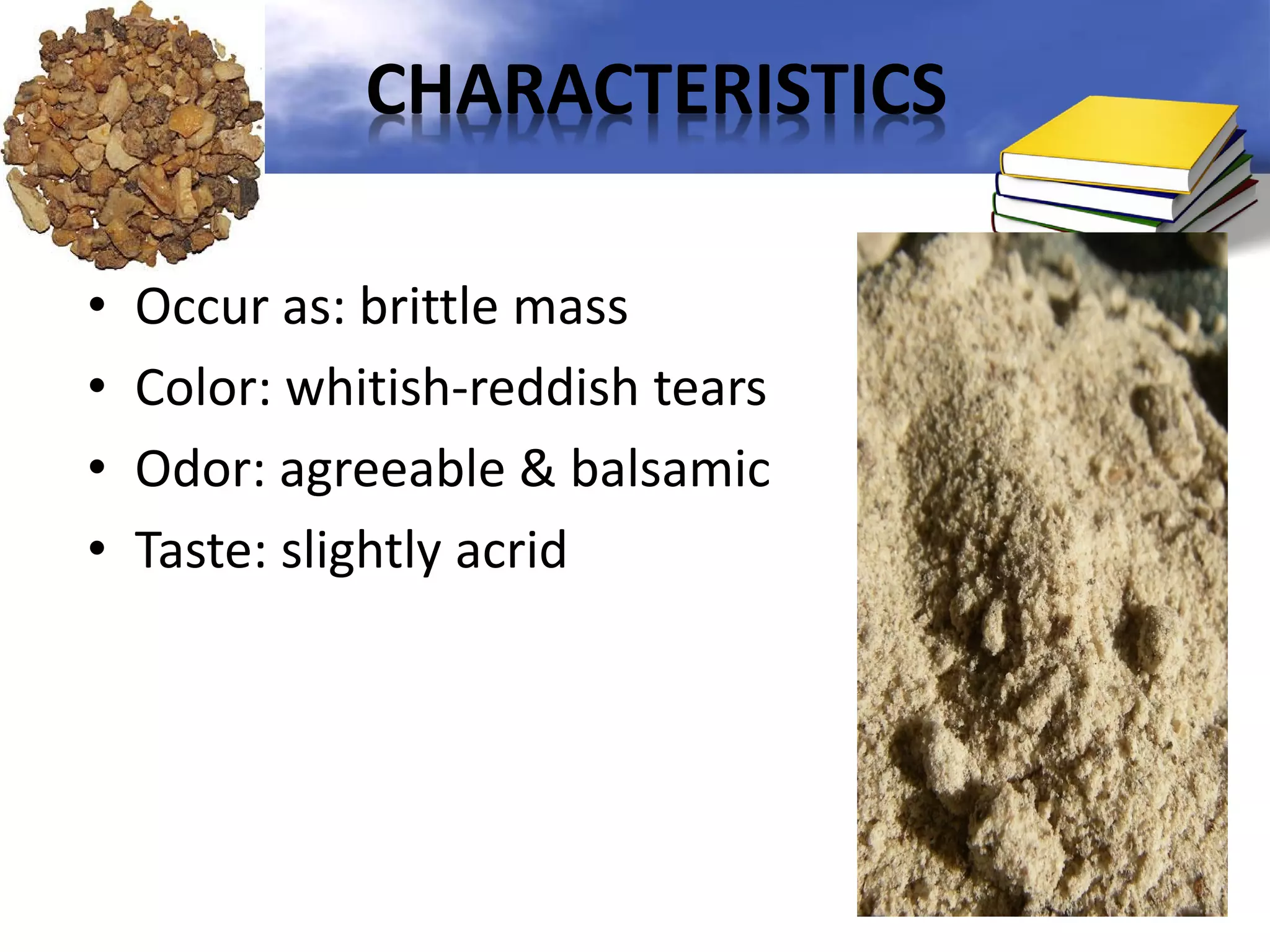 CHARACTERISTICS
•
•
•
•

Occur as: brittle mass
Color: whitish-reddish tears
Odor: agreeable & balsamic
Taste: slightly acrid

 