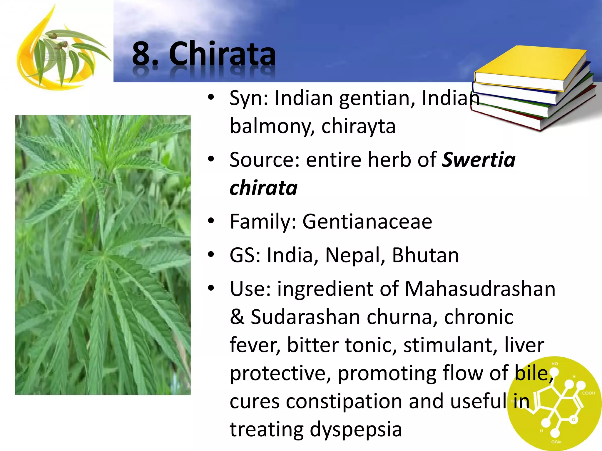8. Chirata
• Syn: Indian gentian, Indian
balmony, chirayta
• Source: entire herb of Swertia
chirata
• Family: Gentianaceae
• GS: India, Nepal, Bhutan
• Use: ingredient of Mahasudrashan
& Sudarashan churna, chronic
fever, bitter tonic, stimulant, liver
protective, promoting flow of bile,
cures constipation and useful in
treating dyspepsia

 