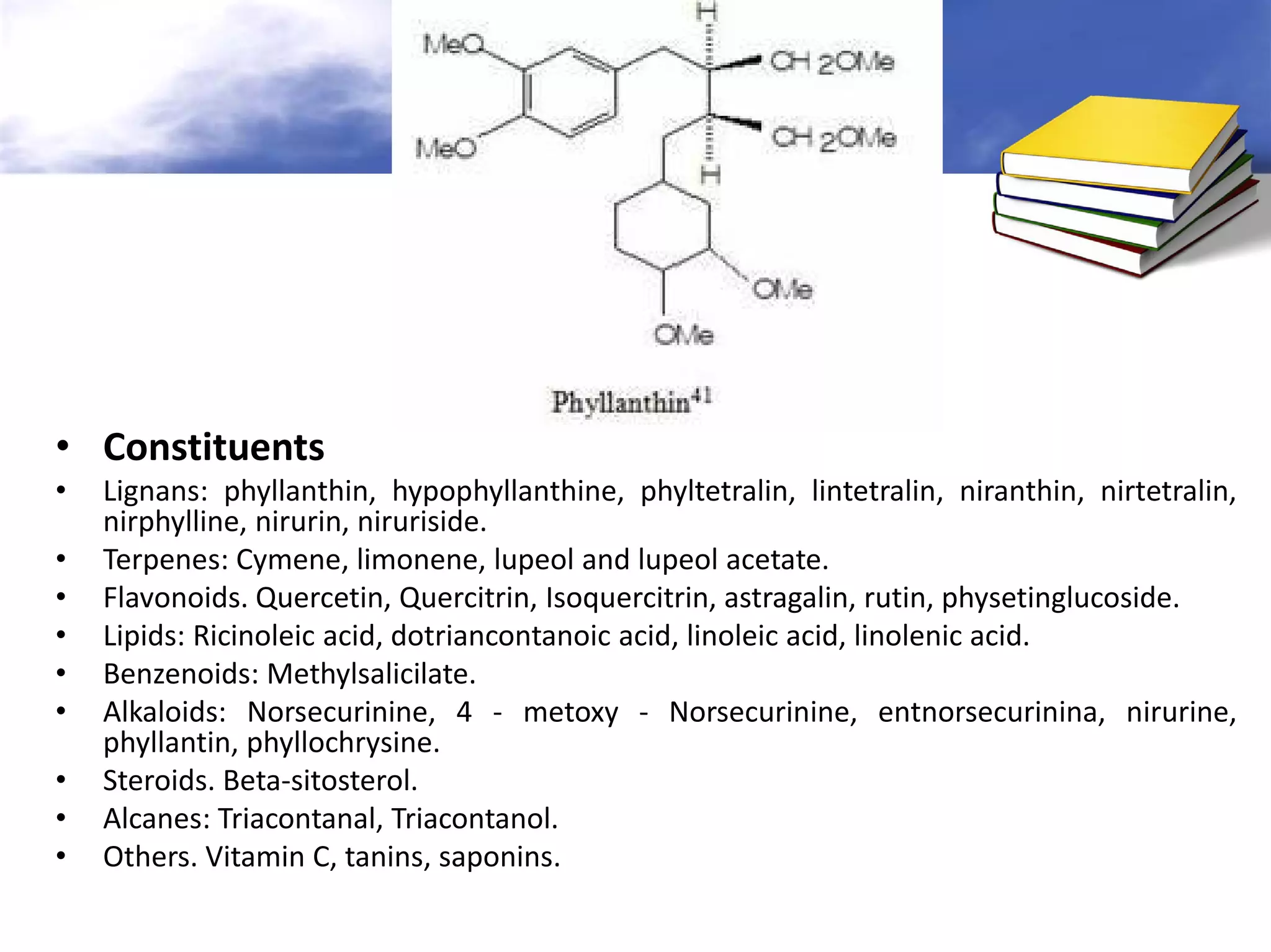 • Constituents
•
•
•
•
•
•
•
•
•

Lignans: phyllanthin, hypophyllanthine, phyltetralin, lintetralin, niranthin, nirtetralin,
nirphylline, nirurin, niruriside.
Terpenes: Cymene, limonene, lupeol and lupeol acetate.
Flavonoids. Quercetin, Quercitrin, Isoquercitrin, astragalin, rutin, physetinglucoside.
Lipids: Ricinoleic acid, dotriancontanoic acid, linoleic acid, linolenic acid.
Benzenoids: Methylsalicilate.
Alkaloids: Norsecurinine, 4 - metoxy - Norsecurinine, entnorsecurinina, nirurine,
phyllantin, phyllochrysine.
Steroids. Beta-sitosterol.
Alcanes: Triacontanal, Triacontanol.
Others. Vitamin C, tanins, saponins.

 