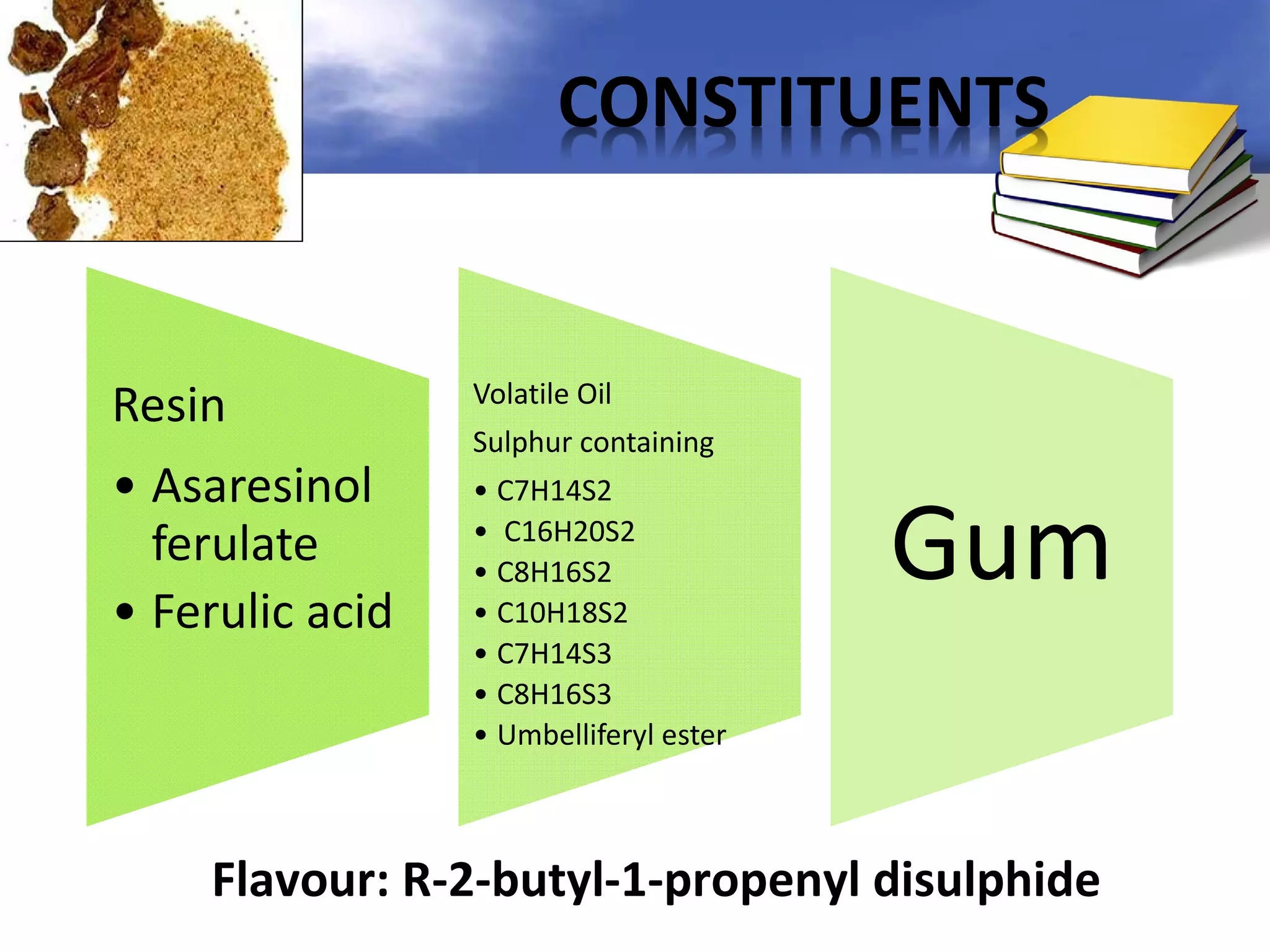 CONSTITUENTS

Resin

Volatile Oil

• Asaresinol
ferulate
• Ferulic acid

• C7H14S2
• C16H20S2
• C8H16S2
• C10H18S2
• C7H14S3
• C8H16S3
• Umbelliferyl ester

Sulphur containing

Gum

Flavour: R-2-butyl-1-propenyl disulphide

 