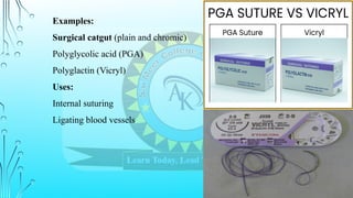 Examples:
Surgical catgut (plain and chromic)
Polyglycolic acid (PGA)
Polyglactin (Vicryl)
Uses:
Internal suturing
Ligating blood vessels
 
