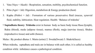 1. Vata (Vayu + Akash) : Respiration, sensation, mobility, psychochemical function.
2. Pitta (Agni + Jal): Digestion, metabolism & Energy production (heat)
3. Kapha (Prithvi + Jal) : Formation of various preservative fluid (mucus, synovial
fluid, stability, lubrication. Heat regulation. Health- ‘Balance of tridosha’
• Saptadhatu theory: Tridosha exist in human body as basic body tissue Rasa (lymph),
Rakta (blood), meda (adipose tissue), mamsa (flesh), majja (nervine tissue), Shukra
(reproductive tissue) and asthi (bones).
Malas : By product dhatus 1. Mutra (urine) 2. Sweda(Sweat) 3. Shakrit(faces)
When tridosha, saptadhatu and mala are in balance with each other, it is called as healthy
condition while imbalance causes a pathological condition.
 