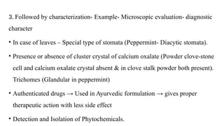 3. Followed by characterization- Example- Microscopic evaluation- diagnostic
character
• In case of leaves – Special type of stomata (Peppermint- Diacytic stomata).
• Presence or absence of cluster crystal of calcium oxalate (Powder clove-stone
cell and calcium oxalate crystal absent & in clove stalk powder both present).
Trichomes (Glandular in peppermint)
• Authenticated drugs → Used in Ayurvedic formulation → gives proper
therapeutic action with less side effect
• Detection and Isolation of Phytochemicals.
 