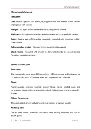 Cinchona bark
S. G. M. C. P. Mahagaon Page 3
Microscopical characters:
PERIDERM:
Cork- Several layers of thin walked,flat,polygonal cells with reddish brown content
impregnated with suberin
Phellgen - 2-3 layers of thin walled cells without any cellular content.
Phelloderm - 6-8 layers of thin walled rectangular cells without any cellular content.
Cortex - Several layers of thin walled tangentially elongated cells containing reddish
brown matter
Calcium oxalate crystals - 2-6micron long microsphenoidal crystals
Starch Grains - Rounded 6-10 micron in diameter.Scleroids are absent.Cavities
(secretion canals) are present.
SECONDARY PHLOEM:
Sieve tubes:
The contact cells being about 200micron long 15-20micron wide and having narrow
companion cells, most of the sieve tubes are compressed and collapsed.
Fibres:
Numerous,large, fusiform, lignified, phloem fibres, having striated walls and
conspicuous tubular or funnel shaped pits.Mostly isolated,some time in groups of 2-
3 fibres.
Phloem Parenchyma:
Thin, dark reddish brown walls,some with microprisms of calcium oxalate.
Medullary Rays:
One to three seriate , extended upto cortex cells, radially elongated and contain
starch grains.
 