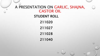 A PRESENTATION ON GARLIC, SHAJNA,
CASTOR OIL
STUDENT ROLL
211020
211027
211028
211040
 