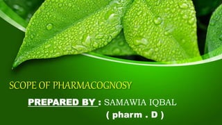 SCOPE OF PHARMACOGNOSY
PREPARED BY : SAMAWIA IQBAL
( pharm . D )
 